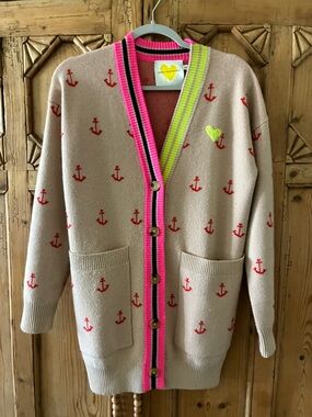 Kerri Rosenthal Hot Pink and Neon Yellow-Trim Knit Cashmere Cardigan